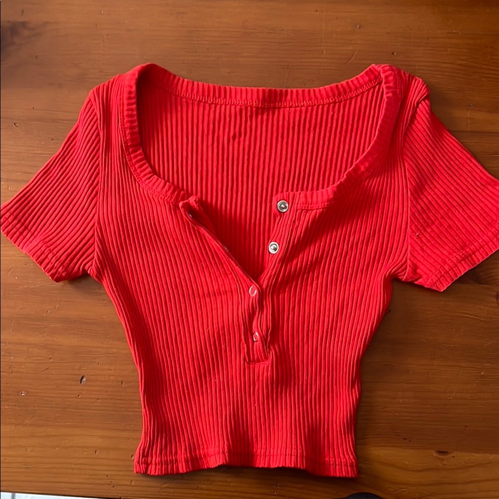 Red Ribbed Button-Up Women's Top